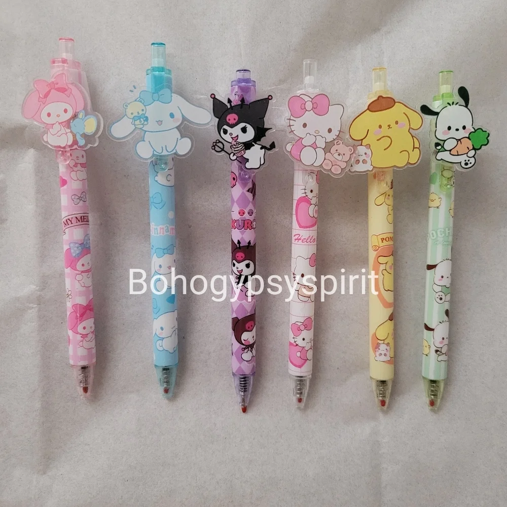 Set of 6, Hello Kitty & Friends Pens Sanrio Kuromi Melody Pom Cinnamoroll